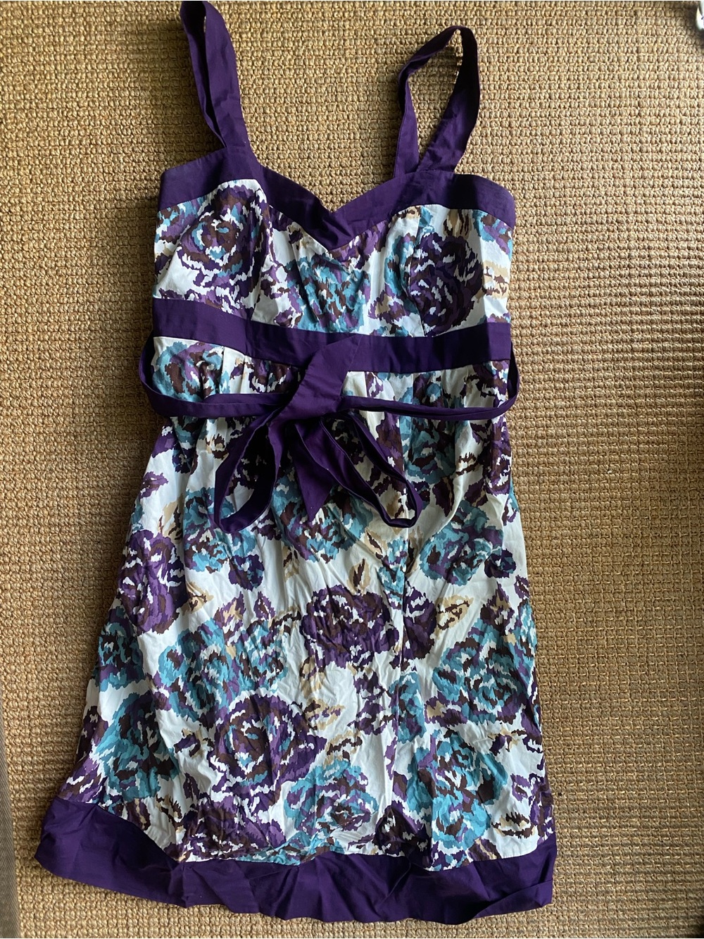 Cotton Motherhood Maternity Purple Floral Tie-Front Sundress with Teal Accents